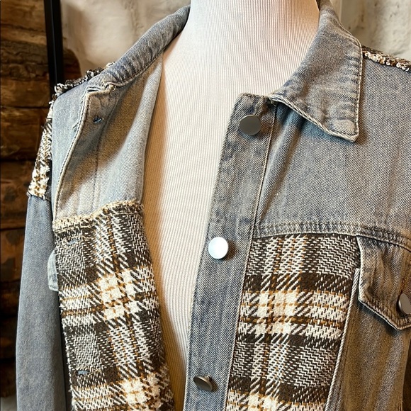 Miss Sparkling | Plaid and Denim Button-Up Jacket - Picture 3 of 6